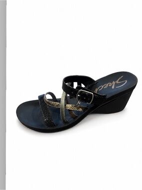 Skechers Black Wedge Sandal with Metallic Accents SZ 8 open toe strappy